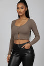 Ribbed Button Front Split Long Sleeve Top