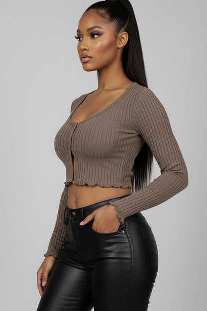 Ribbed Button Front Split Long Sleeve Top