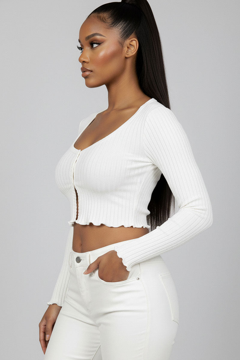 Ribbed Button Front Split Long Sleeve Top