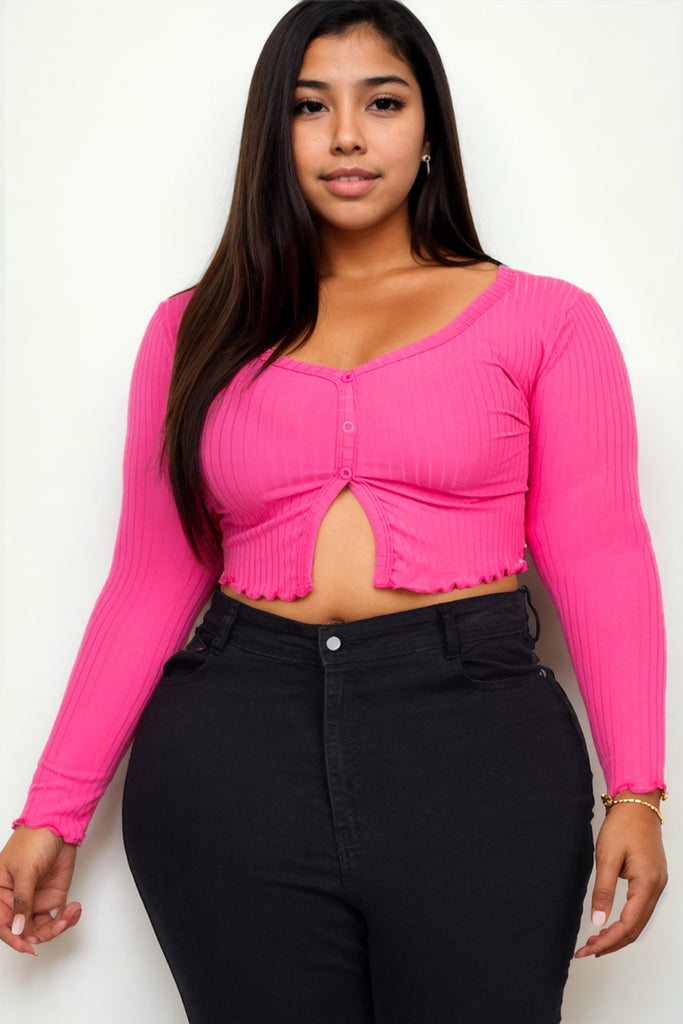 Plus Size Ribbed Button Front Split Long Sleeve Top - Capella Apparel