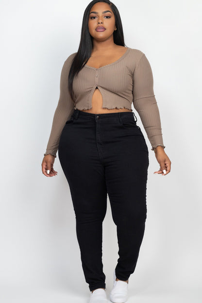 Plus Size Ribbed Button Front Split Long Sleeve Top