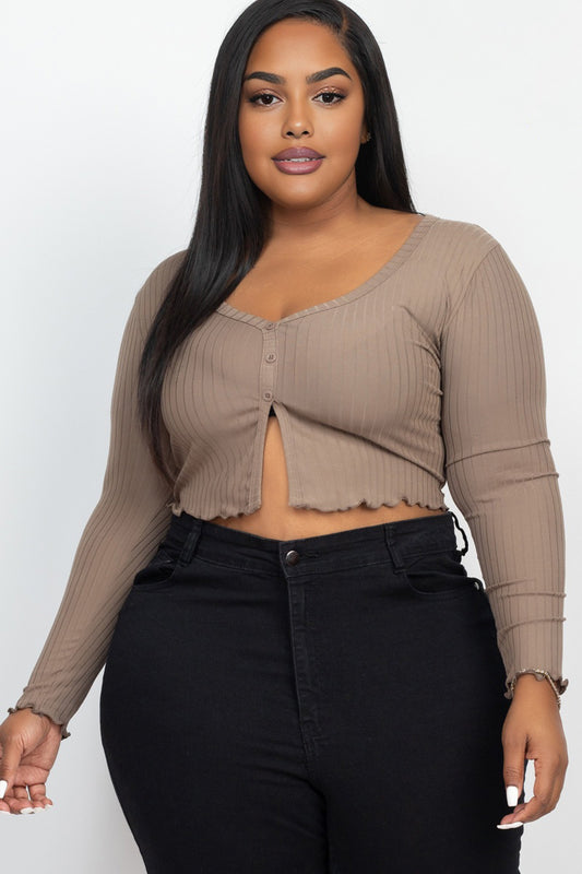 Plus Size Ribbed Button Front Split Long Sleeve Top