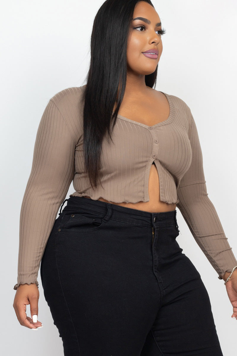 Plus Size Ribbed Button Front Split Long Sleeve Top