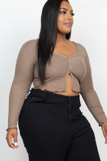 Plus Size Ribbed Button Front Split Long Sleeve Top