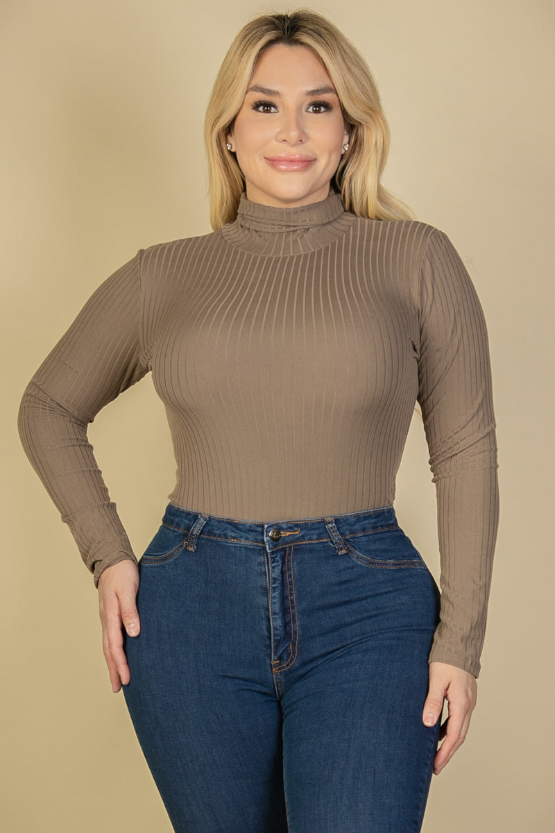 Plus Ribbed Turtle Neck Long Sleeve Bodysuit - Capella Apparel