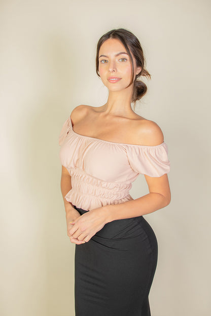 Casual Ruched Puff Sleeve Ribbed Knit Solid Top - Capella Apparel