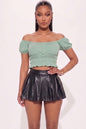 Casual Ruched Puff Sleeve Ribbed Knit Solid Top