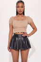 Casual Ruched Puff Sleeve Ribbed Knit Solid Top