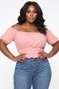 Plus Size Casual Ruched Puff Sleeve Ribbed Knit Solid Top