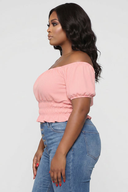 Plus Size Casual Ruched Puff Sleeve Ribbed Knit Solid Top