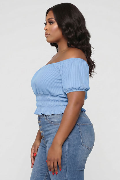 Plus Size Casual Ruched Puff Sleeve Ribbed Knit Solid Top
