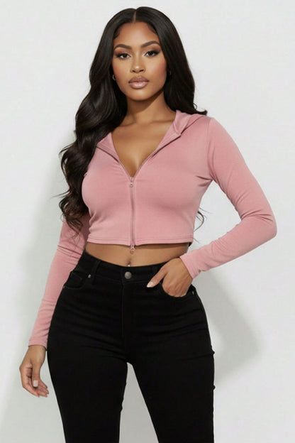 French Terry Crop Zip Up Hoodie
