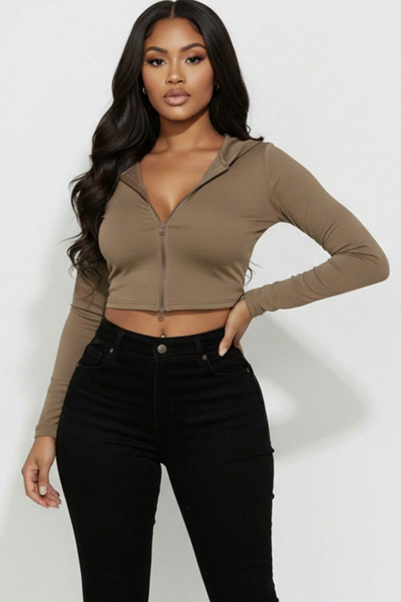 French Terry Crop Zip Up Hoodie