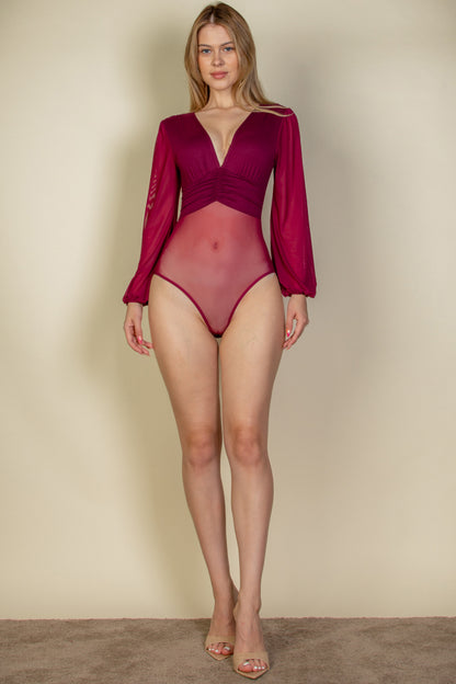 Mesh Long Sleeve Deep V-Neck Bodysuit - Capella Apparel