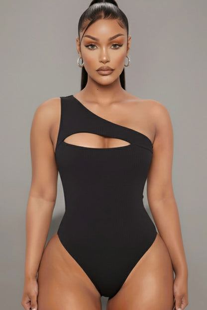 Ribbed Knit Cut Out One Shoulder Bodysuit