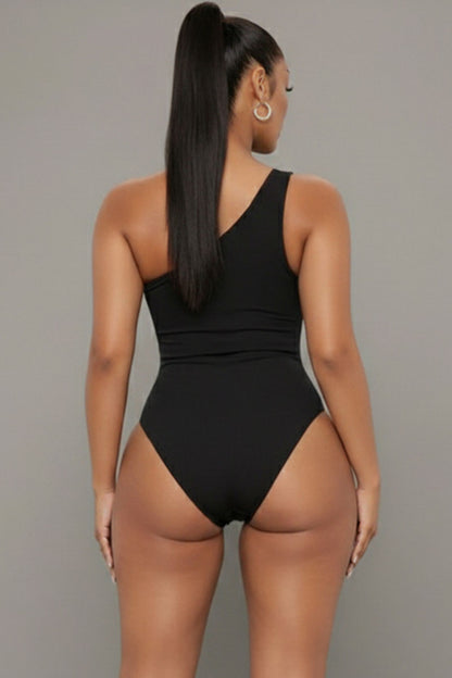 Ribbed Knit Cut Out One Shoulder Bodysuit