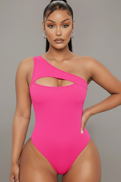 Ribbed Knit Cut Out One Shoulder Bodysuit