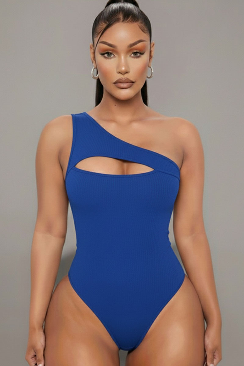 Ribbed Knit Cut Out One Shoulder Bodysuit