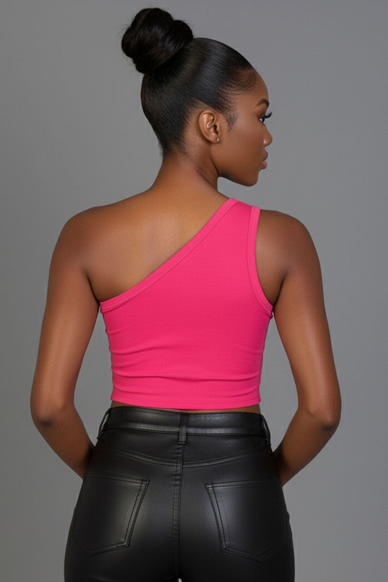 Ribbed Knit Cut Out One Shoulder Crop Top