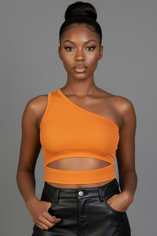 Ribbed Knit Cut Out One Shoulder Crop Top