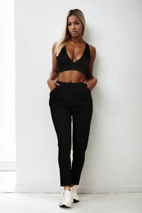 Ribbed Knit Plunge Neck Crop Top - Capella Apparel