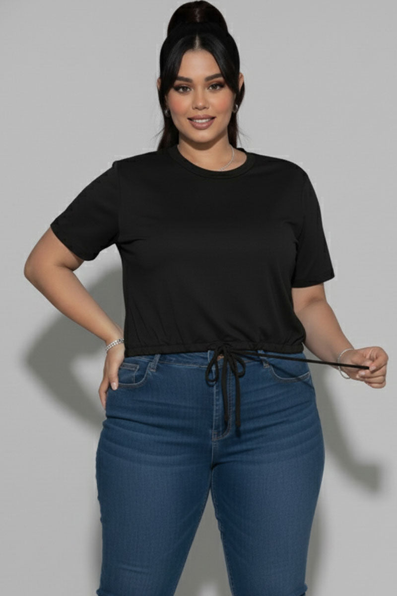 Plus Size Tie Front Drawstring Short Sleeve Crop Top