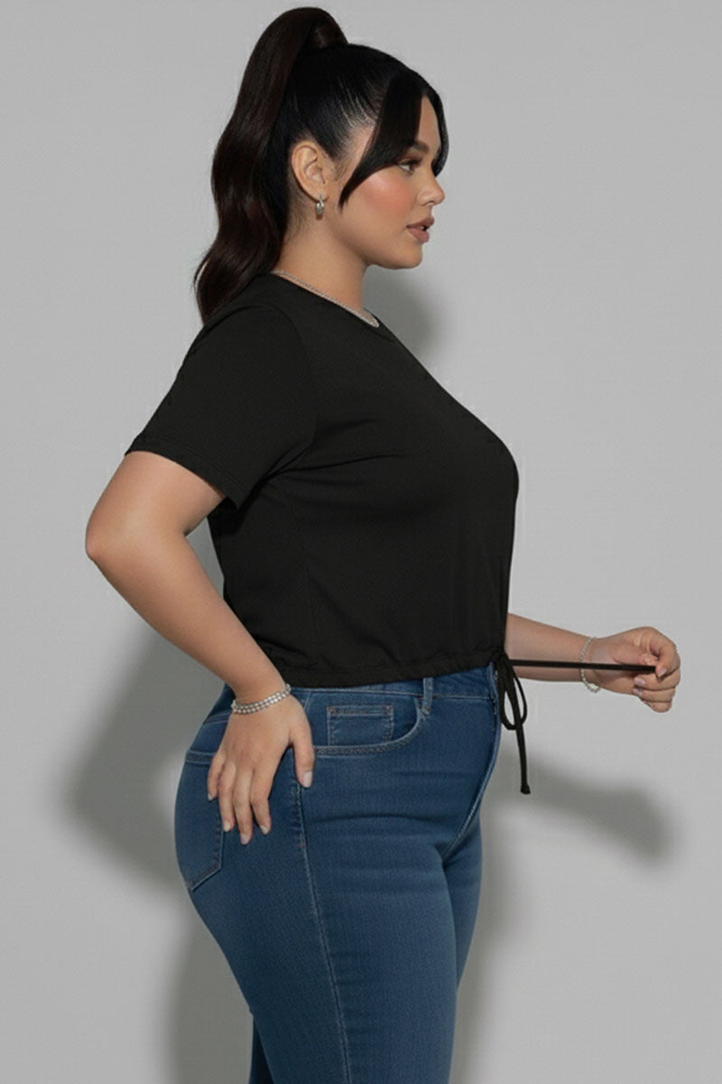 Plus Size Tie Front Drawstring Short Sleeve Crop Top