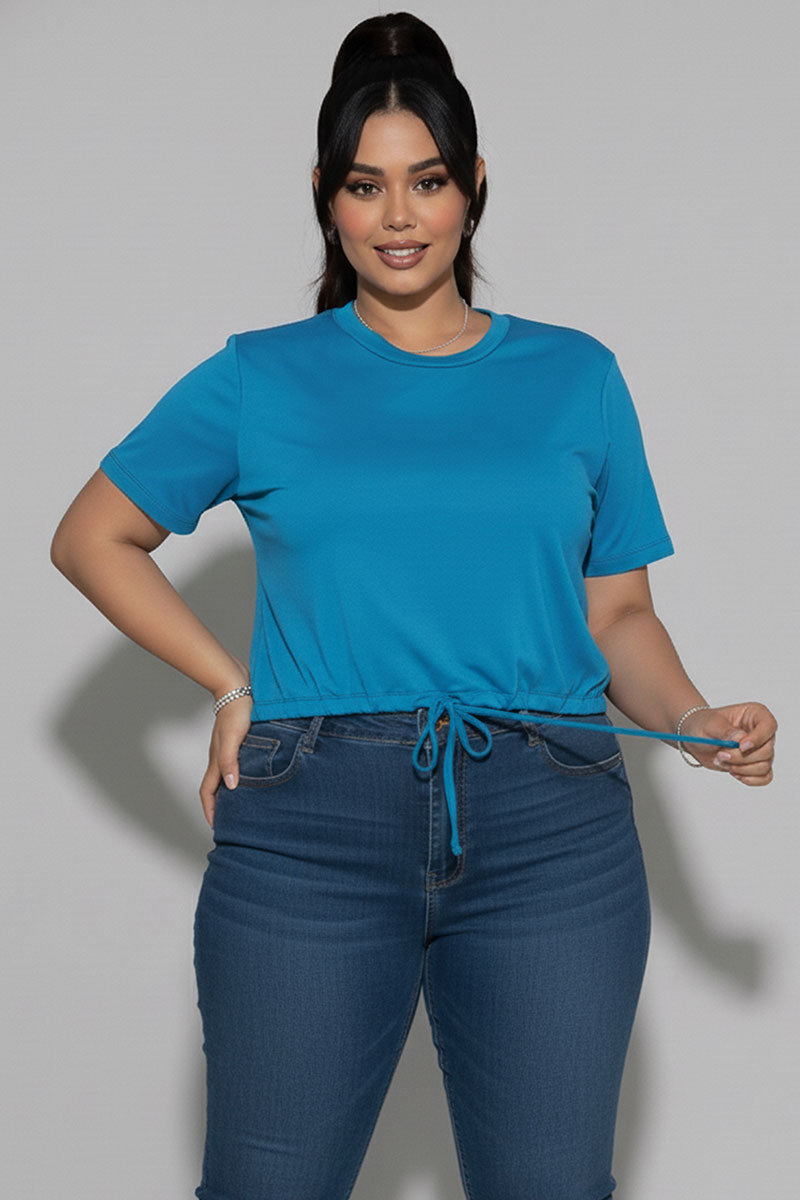 Plus Size Tie Front Drawstring Short Sleeve Crop Top