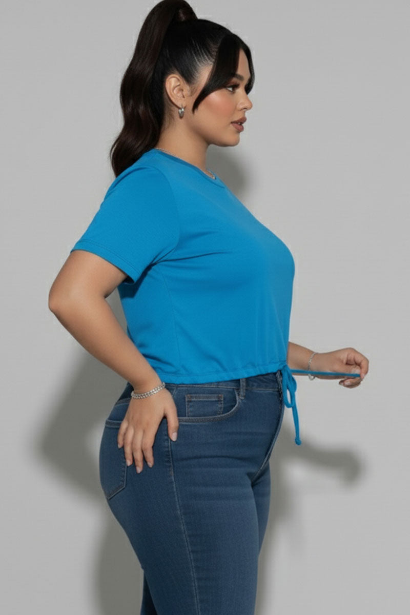 Plus Size Tie Front Drawstring Short Sleeve Crop Top