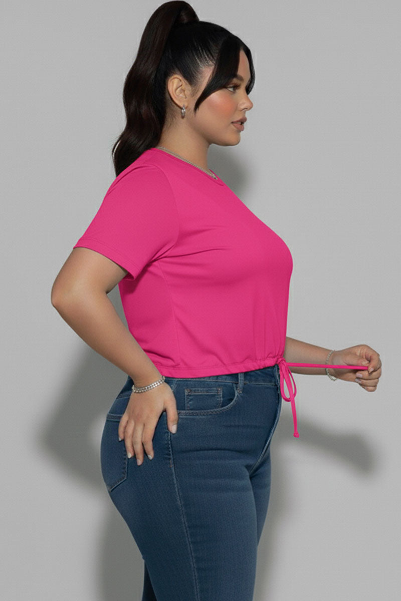 Plus Size Tie Front Drawstring Short Sleeve Crop Top
