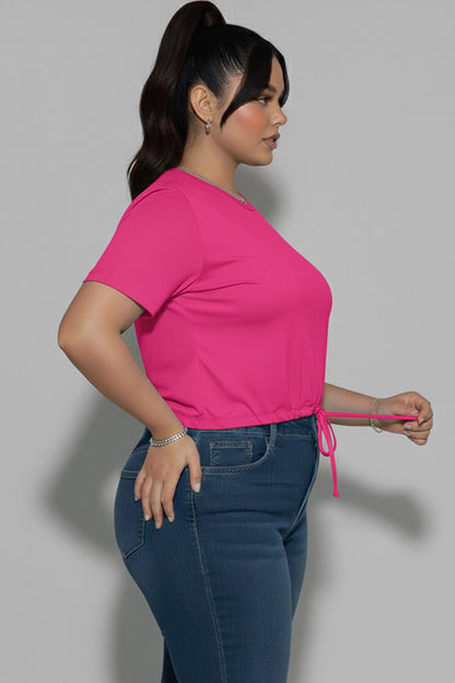 Plus Size Tie Front Drawstring Short Sleeve Crop Top
