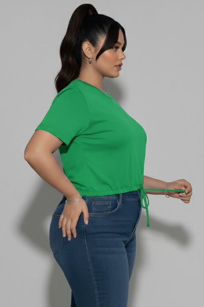 Plus Size Tie Front Drawstring Short Sleeve Crop Top
