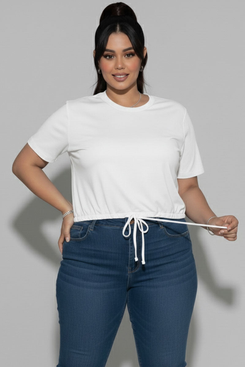 Plus Size Tie Front Drawstring Short Sleeve Crop Top