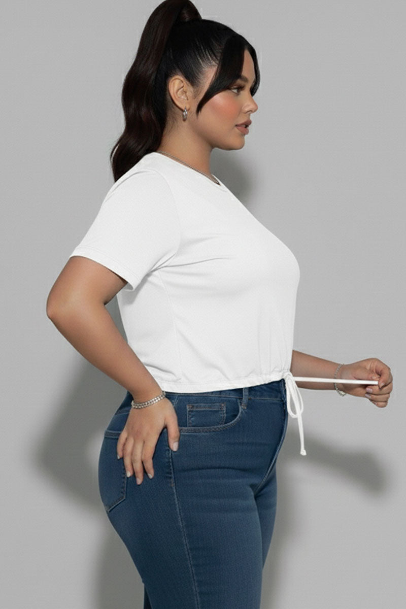 Plus Size Tie Front Drawstring Short Sleeve Crop Top