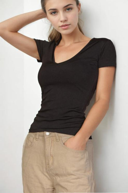 Ribbed V-Neck Short Sleeve Top - Capella Apparel