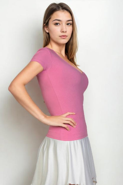 Ribbed V-Neck Short Sleeve Top - Capella Apparel