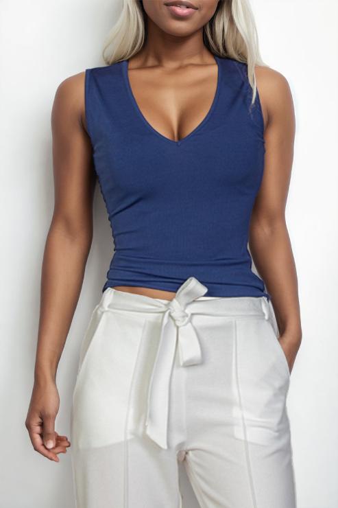 Ribbed V-Neck Sleeveless Top - Capella Apparel