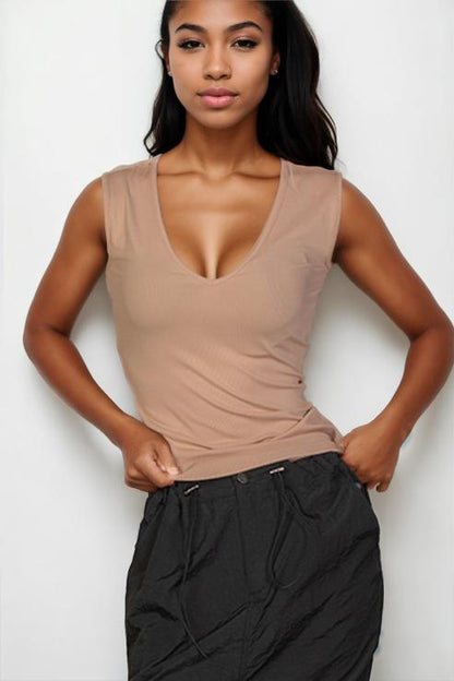 Ribbed V-Neck Sleeveless Top - Capella Apparel