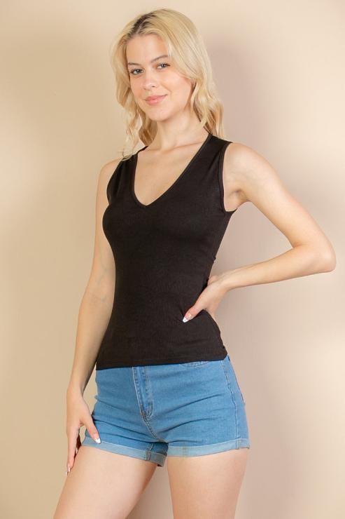 Ribbed V-Neck Sleeveless Top - Capella Apparel