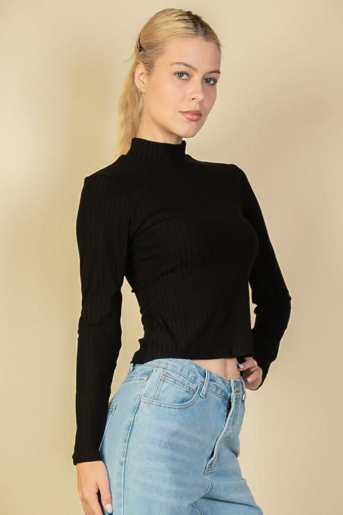 Ribbed Mock Neck Long Sleeve Top - Capella Apparel