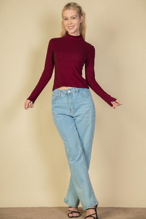 Ribbed Mock Neck Long Sleeve Top - Capella Apparel