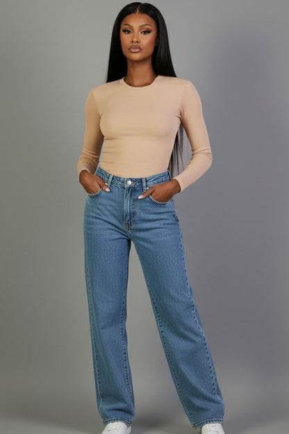 Ribbed Round Neck Long Sleeve Top