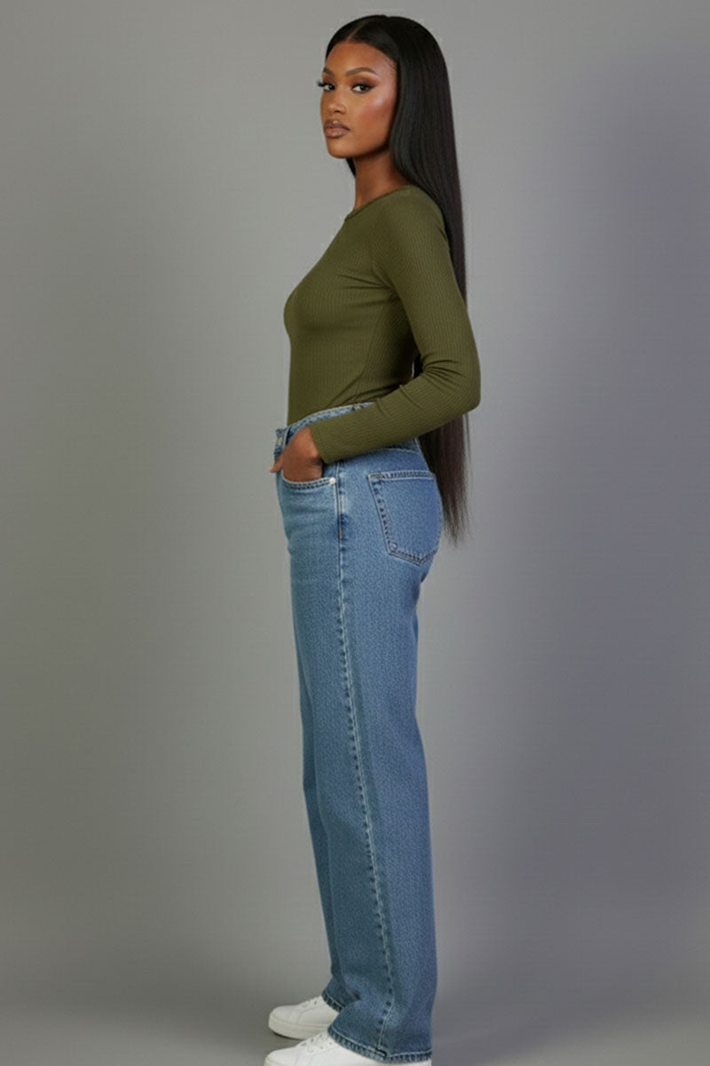 Ribbed Round Neck Long Sleeve Top
