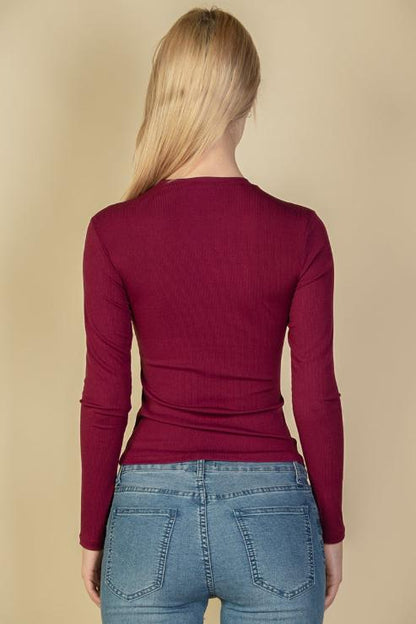 Ribbed Round Neck Long Sleeve Top - Capella Apparel