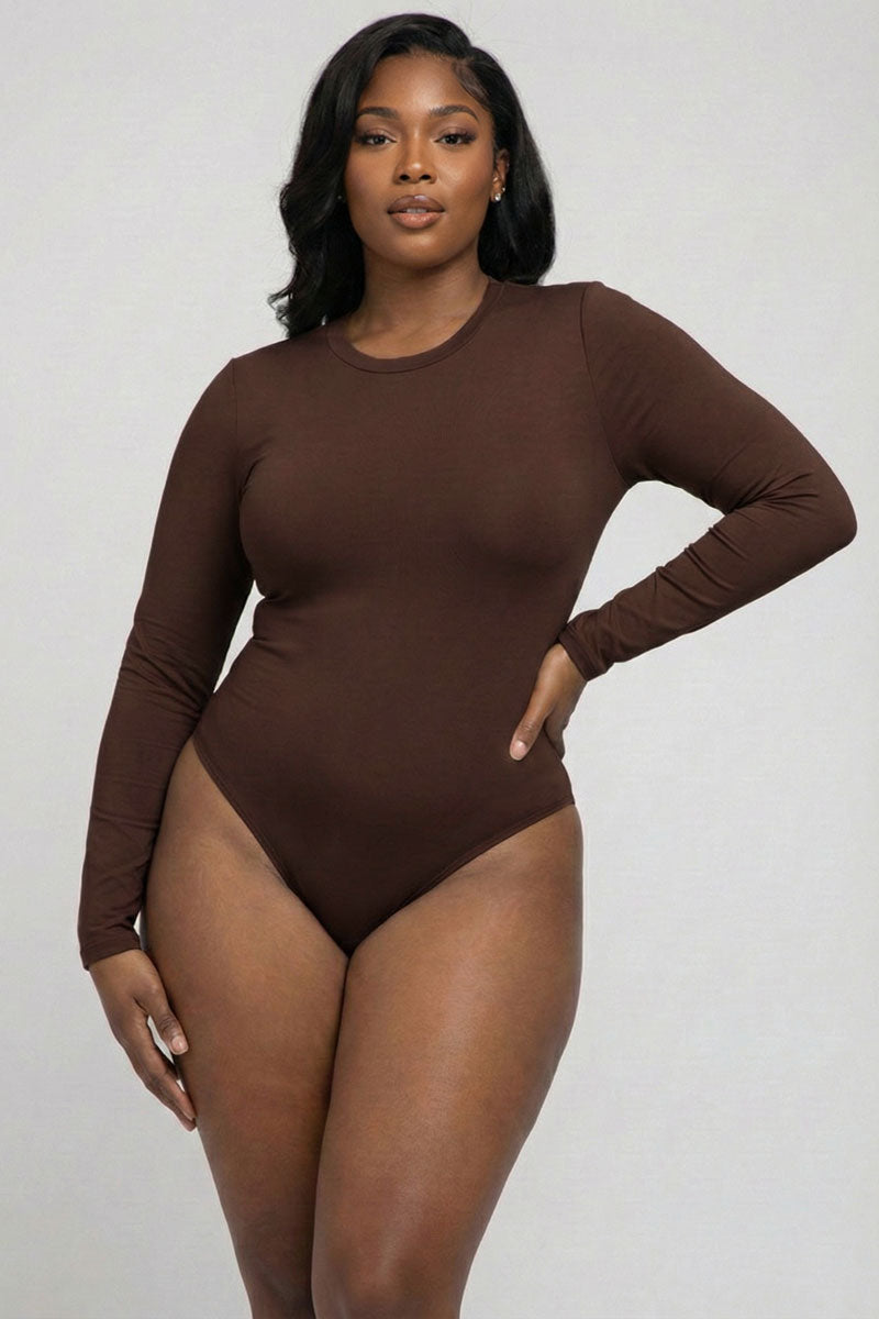 Plus Solid Long Sleeve Round Neck Bodysuit