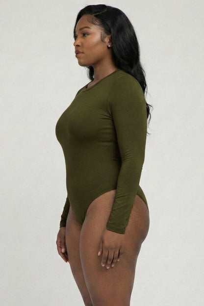 Plus Solid Long Sleeve Round Neck Bodysuit