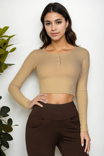 Ribbed Button Up Long Sleeve Crop Top - Capella Apparel
