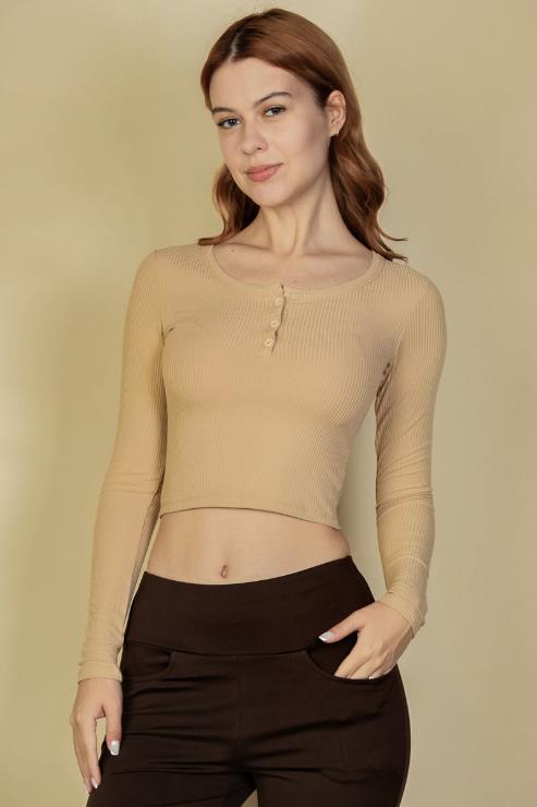 Ribbed Button Up Long Sleeve Crop Top - Capella Apparel