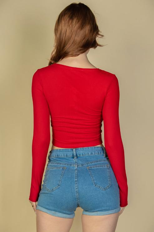 Ribbed Button Up Long Sleeve Crop Top - Capella Apparel