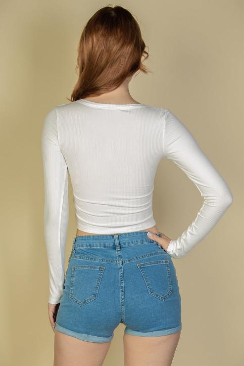 Ribbed Button Up Long Sleeve Crop Top - Capella Apparel